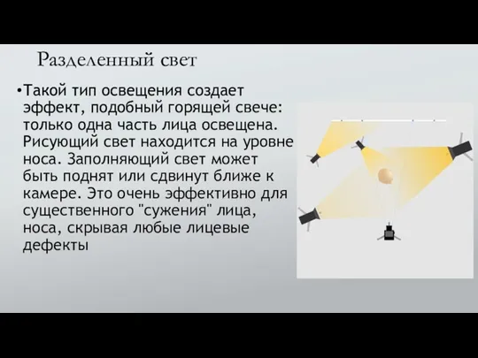 Разделенный свет Такой тип освещения создает эффект, подобный горящей свече: