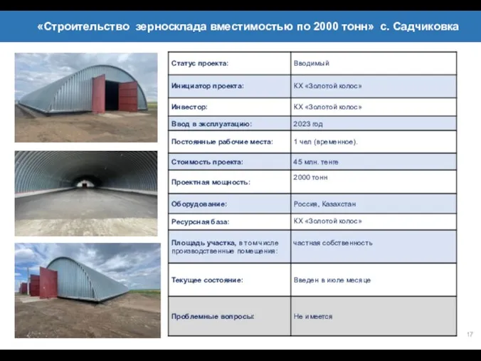 17 СПИСОК ПРОЕКТОВ, ПЛАНИРУЕМЫЕ ДО 2025 ГОДА «Строительство зерносклада вместимостью по 2000 тонн» с. Садчиковка