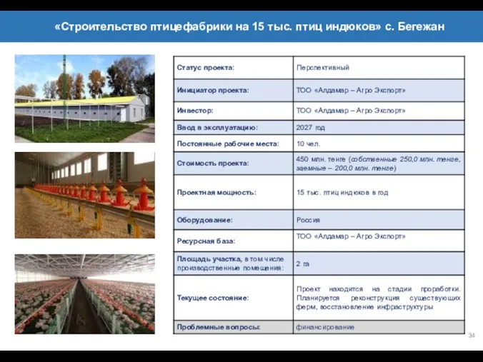 34 СПИСОК ПРОЕКТОВ, ПЛАНИРУЕМЫЕ ДО 2025 ГОДА «Строительство птицефабрики на 15 тыс. птиц индюков» с. Бегежан