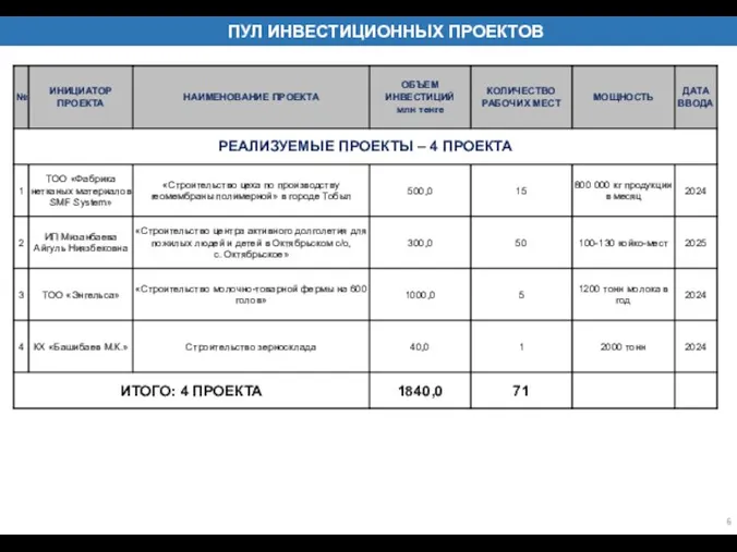 6 ПУЛ ИНВЕСТИЦИОННЫХ ПРОЕКТОВ