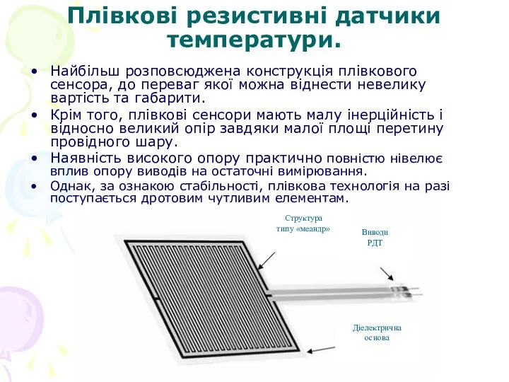 Плівкові резистивні датчики температури. Найбільш розповсюджена конструкція плівкового сенсора, до