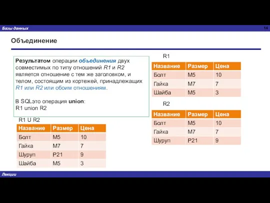 Объединение Результатом операции объединения двух совместимых по типу отношений R1