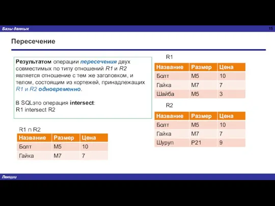 Пересечение Результатом операции пересечения двух совместимых по типу отношений R1