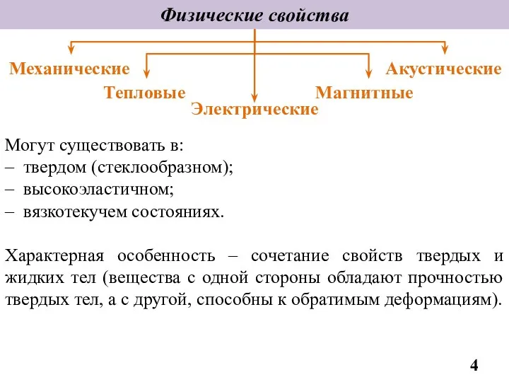 Физические свойства Механические Могут существовать в: – твердом (стеклообразном); –