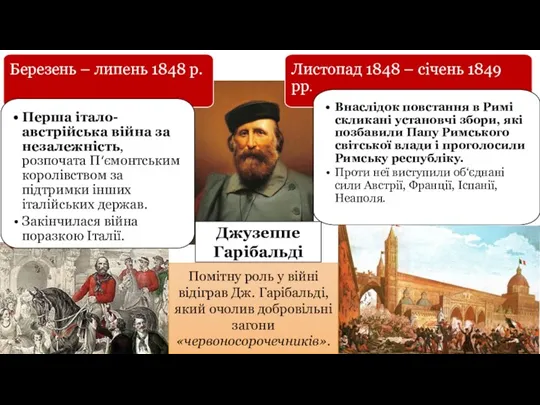 Джузеппе Гарібальді Помітну роль у війні відіграв Дж. Гарібальді, який очолив добровільні загони «червоносорочечників».