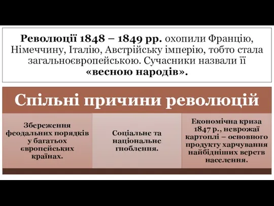 Революції 1848 – 1849 рр. охопили Францію, Німеччину, Італію, Австрійську