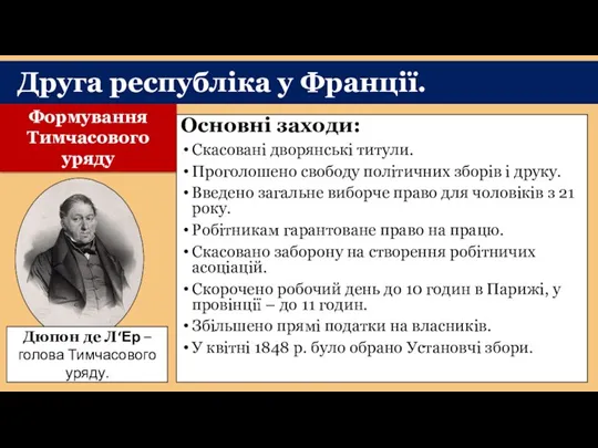 Друга республіка у Франції. Основні заходи: Скасовані дворянські титули. Проголошено