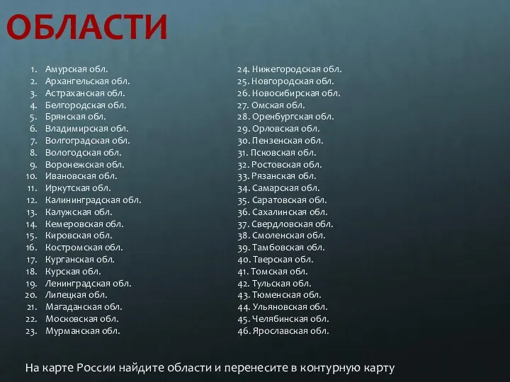 ОБЛАСТИ Амурская обл. Архангельская обл. Астраханская обл. Белгородская обл. Брянская