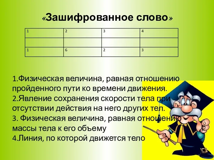 «Зашифрованное слово» 1.Физическая величина, равная отношению пройденного пути ко времени