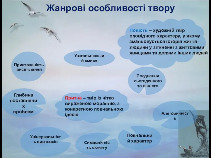 Жанрові особливості твору Повість – художній твір оповідного характеру, у