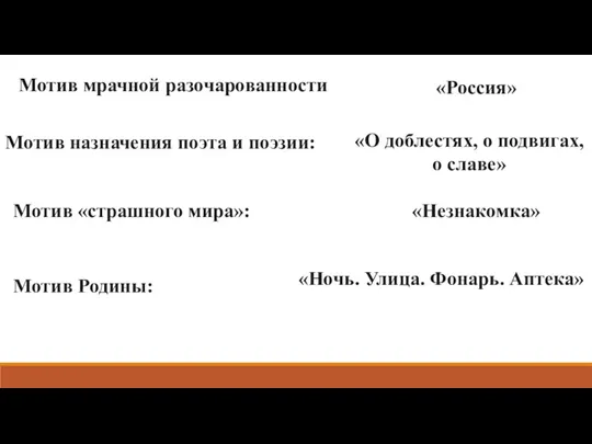 Мотив мрачной разочарованности Мотив назначения поэта и поэзии: Мотив «страшного