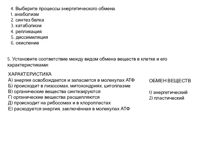 4. Выберите процессы энергетического обмена. 1. анаболизм 2. синтез белка