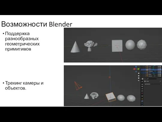 Возможности Blender Поддержка разнообразных геометрических примитивов Трекинг камеры и объектов.