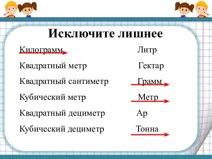 Исключите лишнее Килограмм Литр Квадратный метр Гектар Квадратный сантиметр Грамм