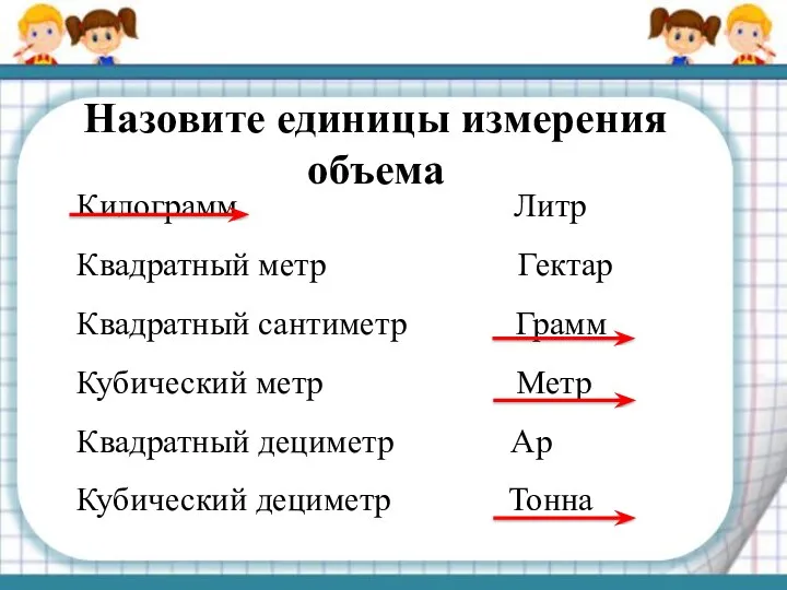 Назовите единицы измерения объема Килограмм Литр Квадратный метр Гектар Квадратный