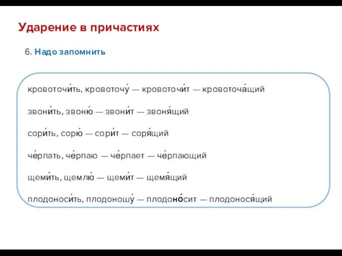 6. Надо запомнить Ударение в причастиях кровоточи́ть, кровоточу́ — кровоточи́т