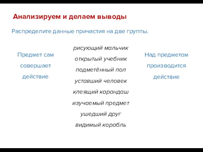 Распределите данные причастия на две группы. Анализируем и делаем выводы