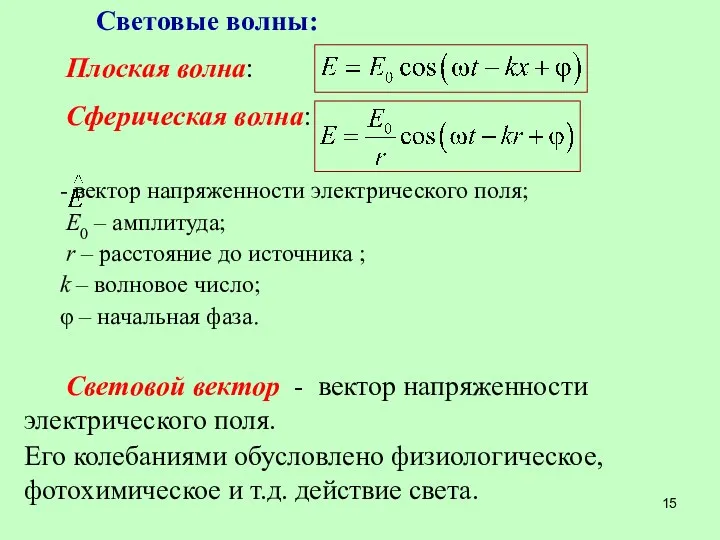 Световые волны: Плоская волна: Сферическая волна: - вектор напряженности электрического