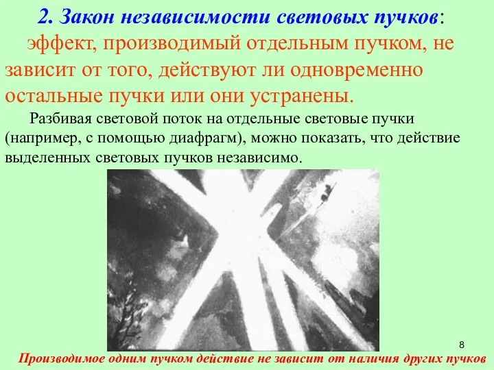 2. Закон независимости световых пучков: эффект, производимый отдельным пучком, не