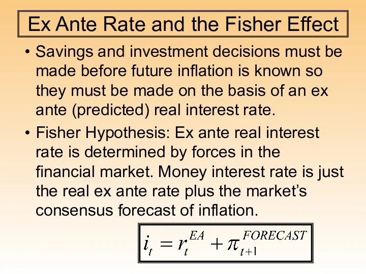 Ex Ante Rate and the Fisher Effect Savings and investment