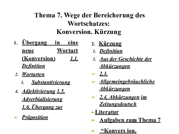 Thema 7. Wege der Bereicherung des Wortschatzes: Konversion. Kürzung Übergang