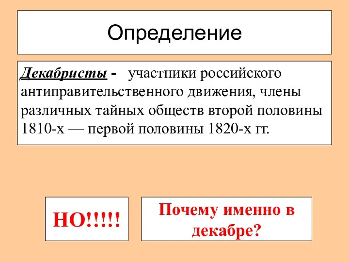 Определение Декабристы - участники российского антиправительственного движения, члены различных тайных