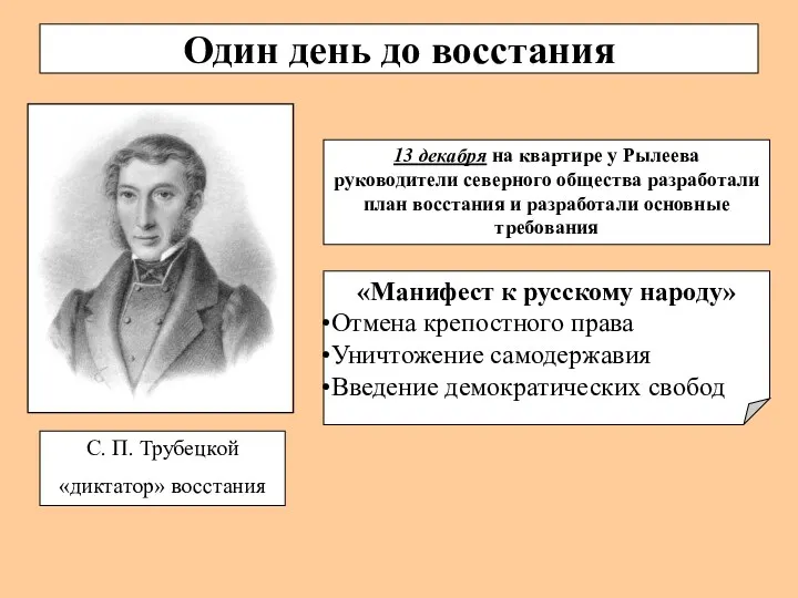 Один день до восстания С. П. Трубецкой «диктатор» восстания «Манифест