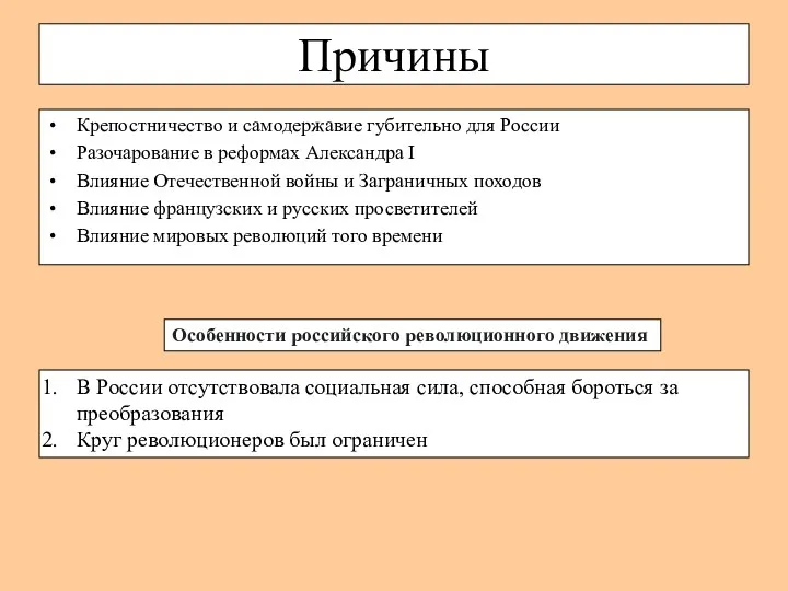 Причины Крепостничество и самодержавие губительно для России Разочарование в реформах