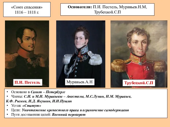 «Союз спасения» 1816 – 1818 г. Основатели: П.И. Пестель, Муравьев.Н.М,