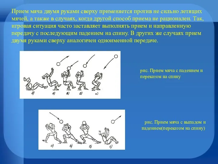 Прием мяча двумя руками сверху применяется против не сильно летящих