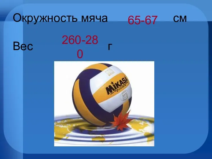 Окружность мяча см Вес г 65-67 260-280