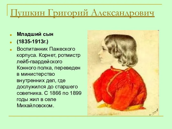 Пушкин Григорий Александрович Младший сын (1835-1913г.) Воспитанник Пажеского корпуса. Корнет,