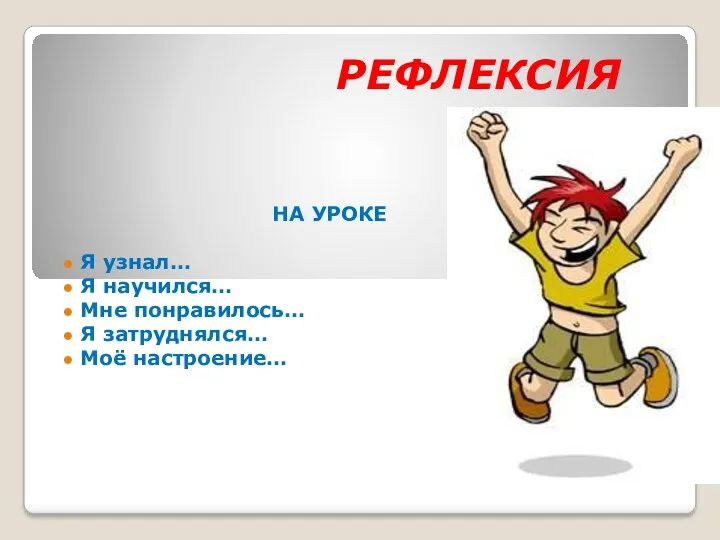 РЕФЛЕКСИЯ НА УРОКЕ Я узнал… Я научился… Мне понравилось… Я затруднялся… Моё настроение…