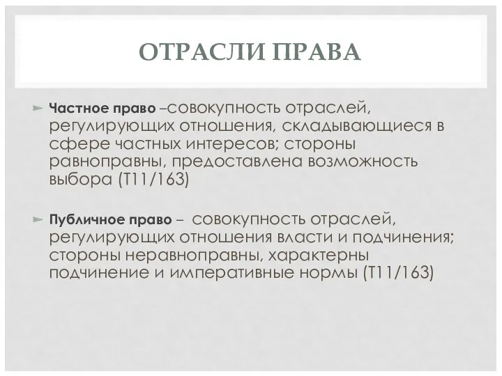 ОТРАСЛИ ПРАВА Частное право –совокупность отраслей, регулирующих отношения, складывающиеся в