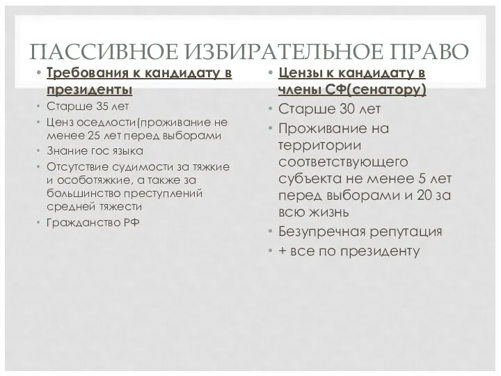 ПАССИВНОЕ ИЗБИРАТЕЛЬНОЕ ПРАВО Требования к кандидату в президенты Старше 35