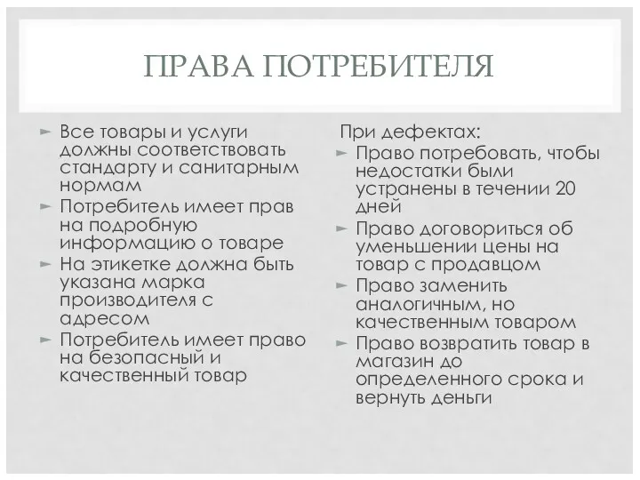 ПРАВА ПОТРЕБИТЕЛЯ Все товары и услуги должны соответствовать стандарту и