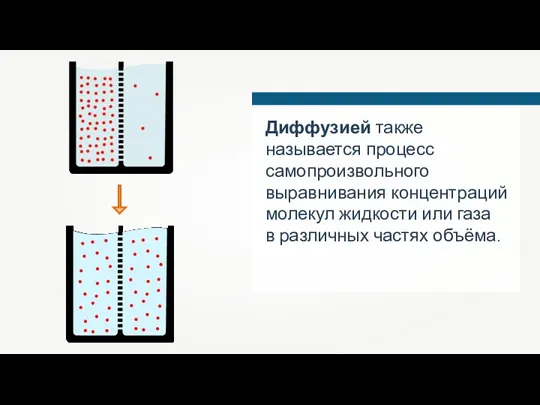 Диффузией также называется процесс самопроизвольного выравнивания концентраций молекул жидкости или газа в различных частях объёма.