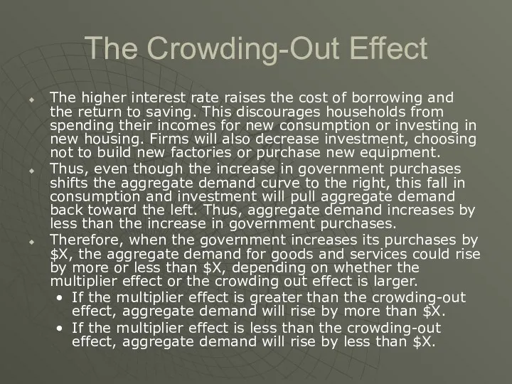 The Crowding-Out Effect The higher interest rate raises the cost of borrowing and