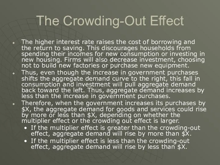 The Crowding-Out Effect The higher interest rate raises the cost