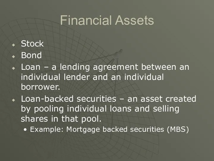 Financial Assets Stock Bond Loan – a lending agreement between an individual lender