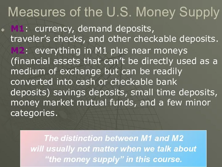 Measures of the U.S. Money Supply M1: currency, demand deposits, traveler’s checks, and