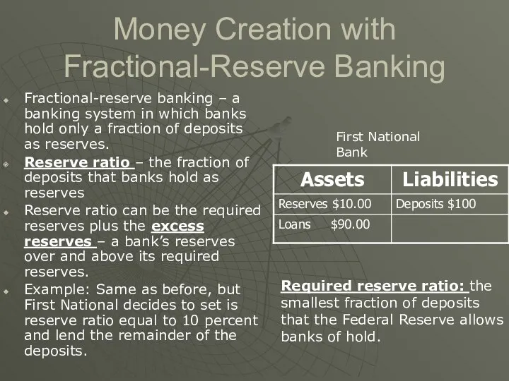 Money Creation with Fractional-Reserve Banking Fractional-reserve banking – a banking system in which