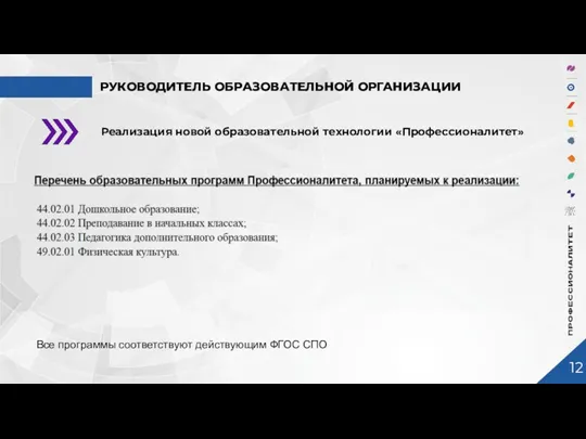 РУКОВОДИТЕЛЬ ОБРАЗОВАТЕЛЬНОЙ ОРГАНИЗАЦИИ Реализация новой образовательной технологии «Профессионалитет» 12 Все программы соответствуют действующим ФГОС СПО