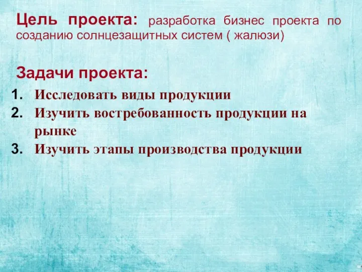 Цель проекта: разработка бизнес проекта по созданию солнцезащитных систем (