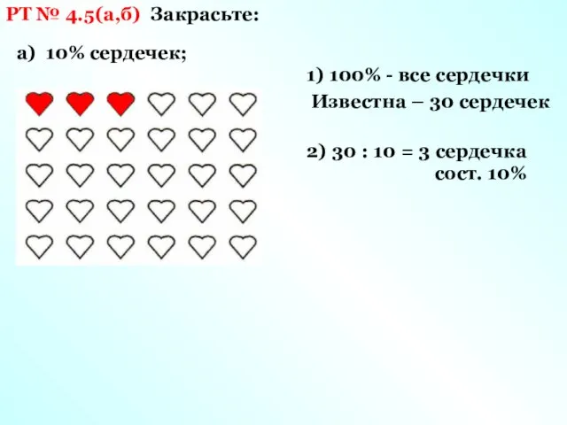 РТ № 4.5(а,б) Закрасьте: а) 10% сердечек; 1) 100% - все сердечки Известна