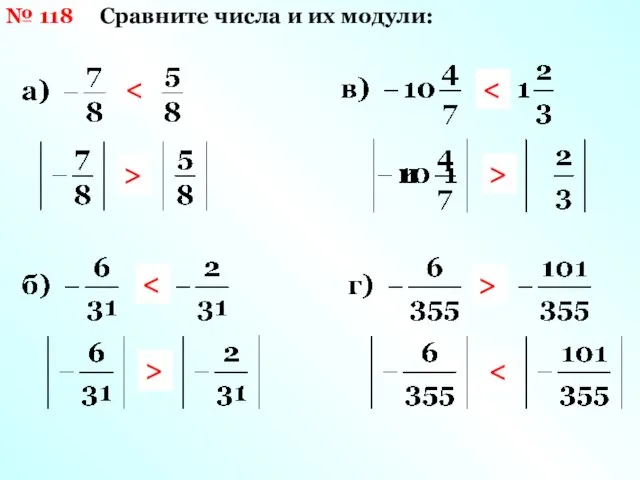 № 118 Сравните числа и их модули: > > > >