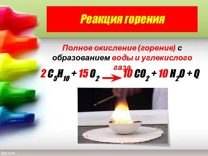 Реакция горения свет Полное окисление (горение) с образованием воды и