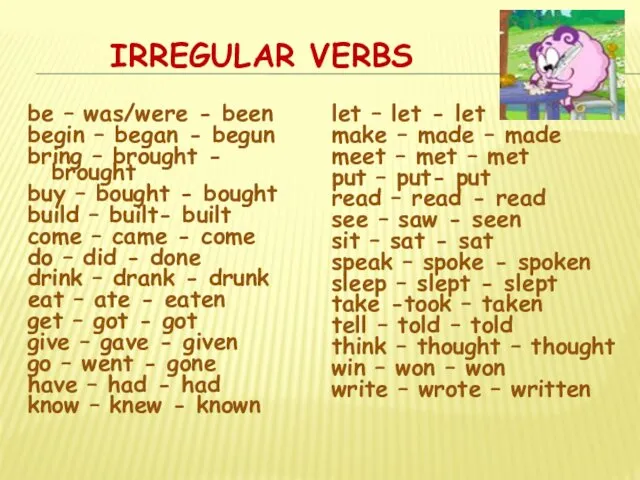 IRREGULAR VERBS be – was/were - been begin – began