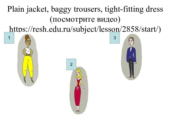 Plain jacket, baggy trousers, tight-fitting dress (посмотрите видео) https://resh.edu.ru/subject/lesson/2858/start/) 1 3 2