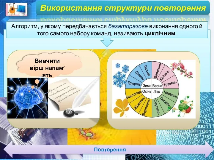 Використання структури повторення Алгоритм, у якому передбачається багаторазове виконання одного